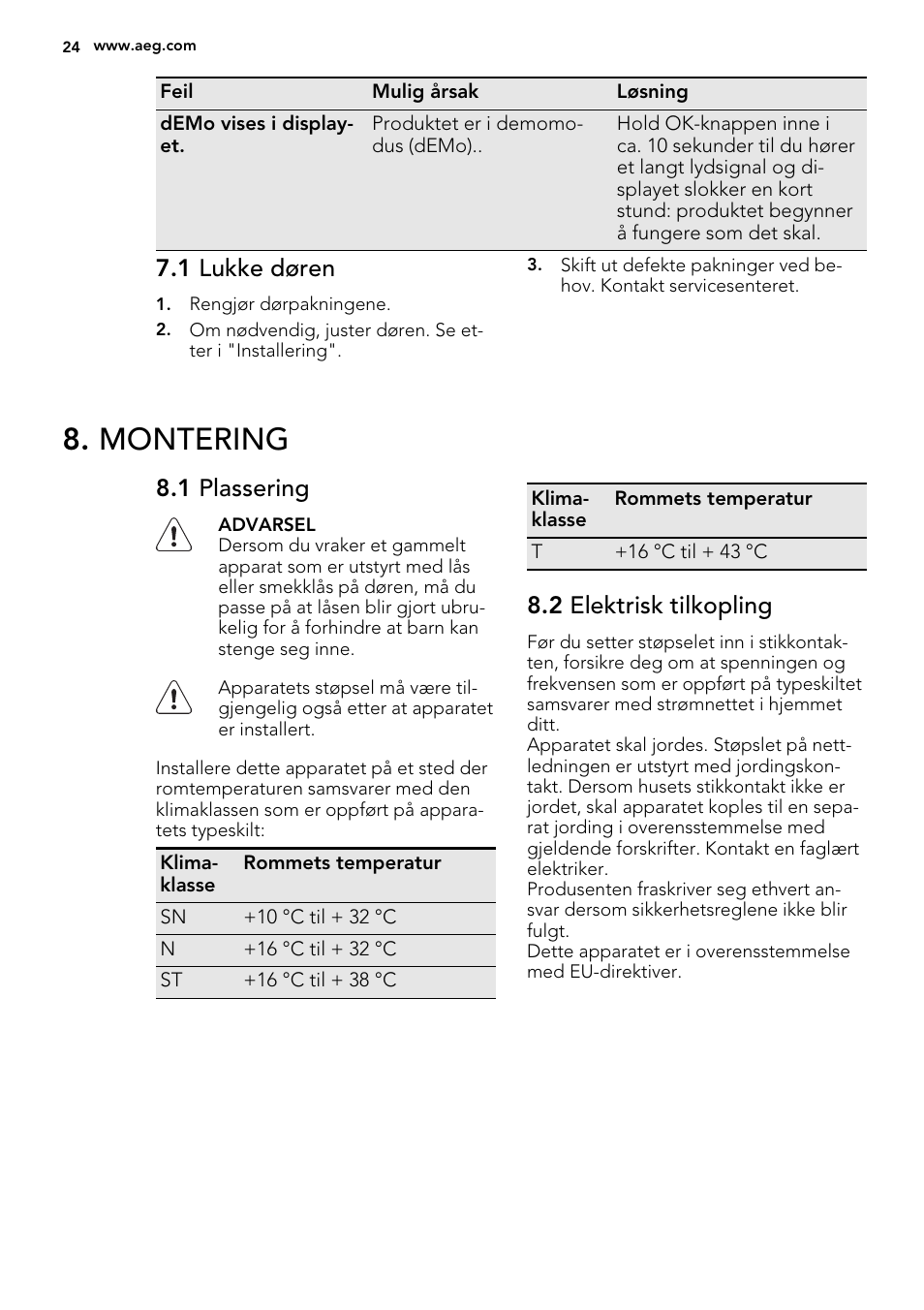 Montering, 1 lukke døren, 1 plassering | 2 elektrisk tilkopling | AEG SWD81800L1 User Manual | Page 24 / 72