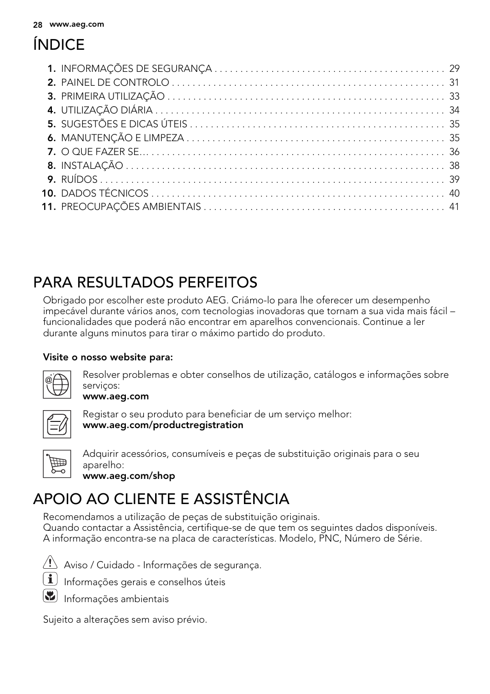Índice, Para resultados perfeitos, Apoio ao cliente e assistência | AEG SWD81800L1 User Manual | Page 28 / 72