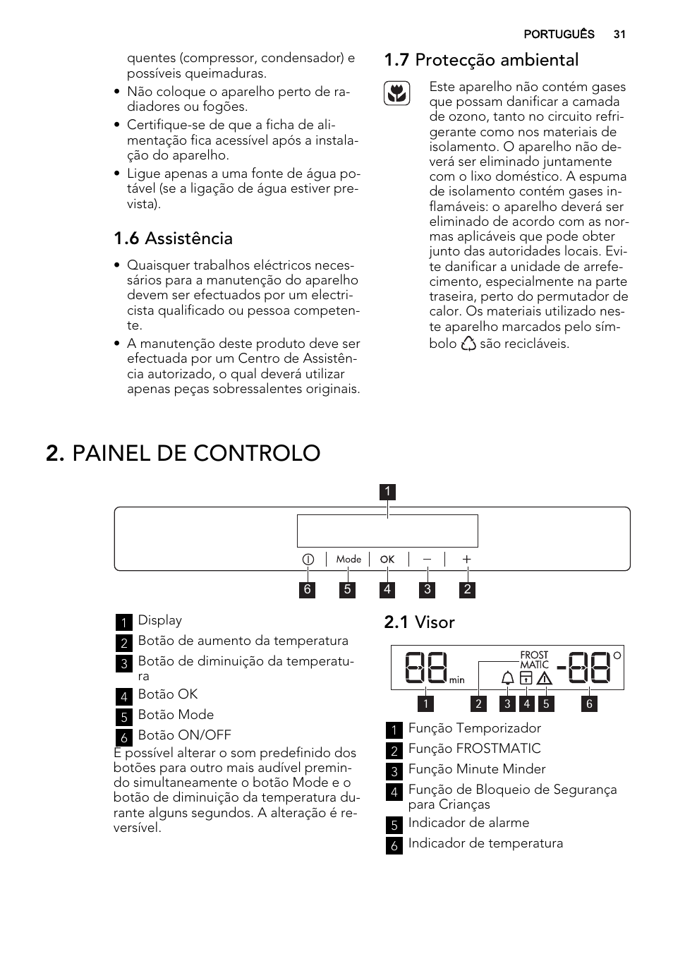 Painel de controlo, 6 assistência, 7 protecção ambiental | 1 visor | AEG SWD81800L1 User Manual | Page 31 / 72