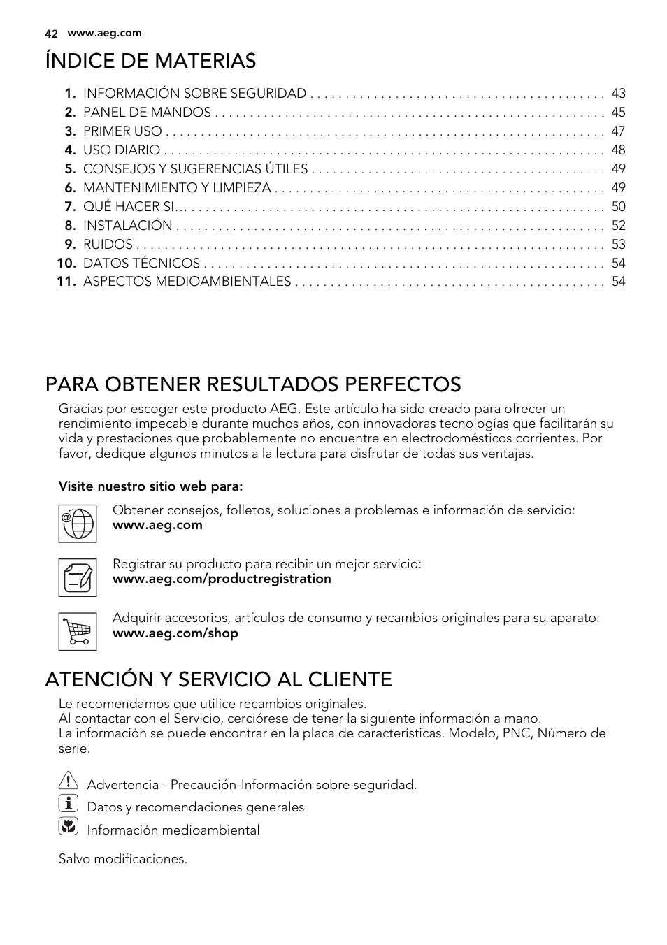 Índice de materias, Para obtener resultados perfectos, Atención y servicio al cliente | AEG SWD81800L1 User Manual | Page 42 / 72