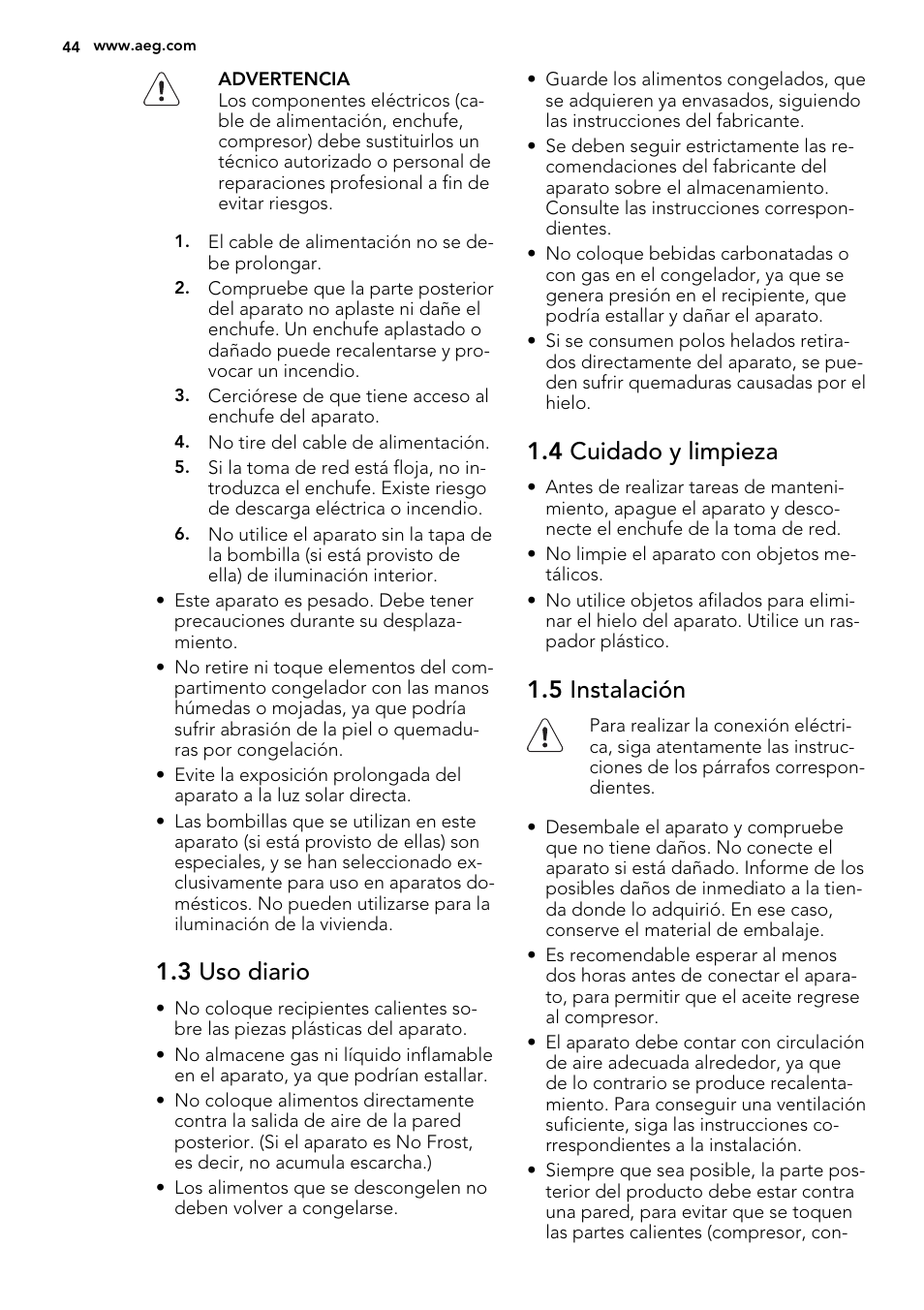3 uso diario, 4 cuidado y limpieza, 5 instalación | AEG SWD81800L1 User Manual | Page 44 / 72