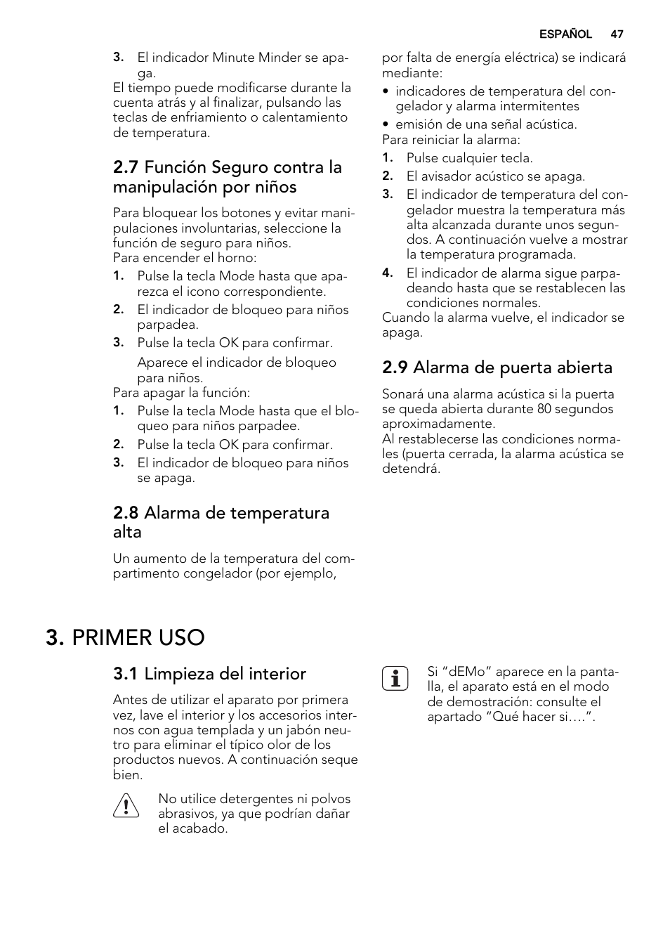 Primer uso, 7 función seguro contra la manipulación por niños, 8 alarma de temperatura alta | 9 alarma de puerta abierta, 1 limpieza del interior | AEG SWD81800L1 User Manual | Page 47 / 72