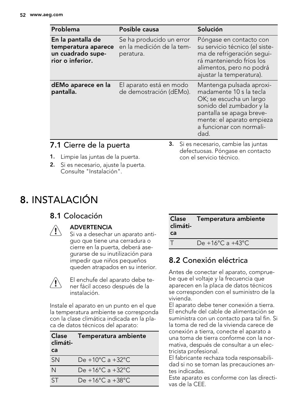 Instalación, 1 cierre de la puerta, 1 colocación | 2 conexión eléctrica | AEG SWD81800L1 User Manual | Page 52 / 72