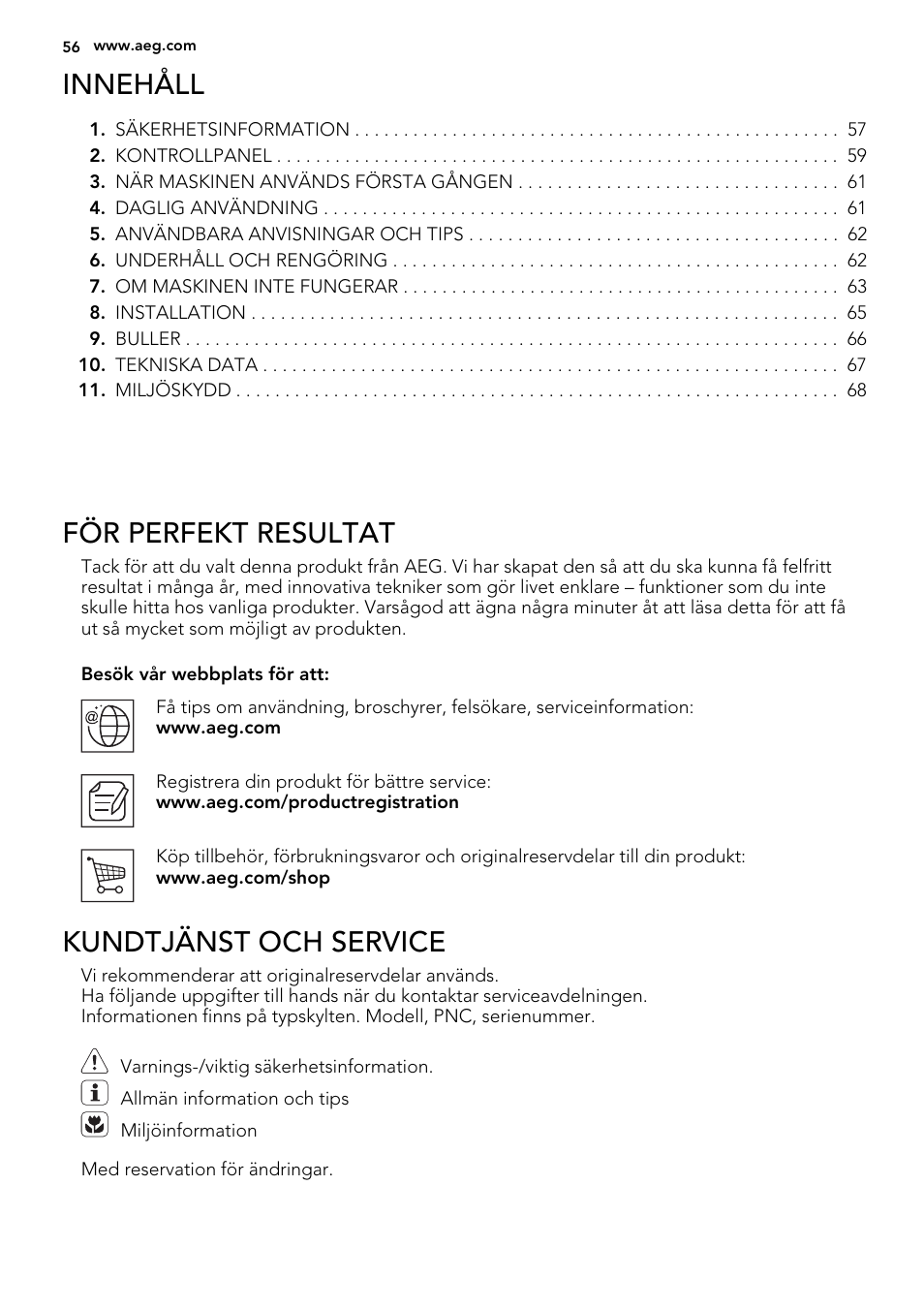 Innehåll, För perfekt resultat, Kundtjänst och service | AEG SWD81800L1 User Manual | Page 56 / 72