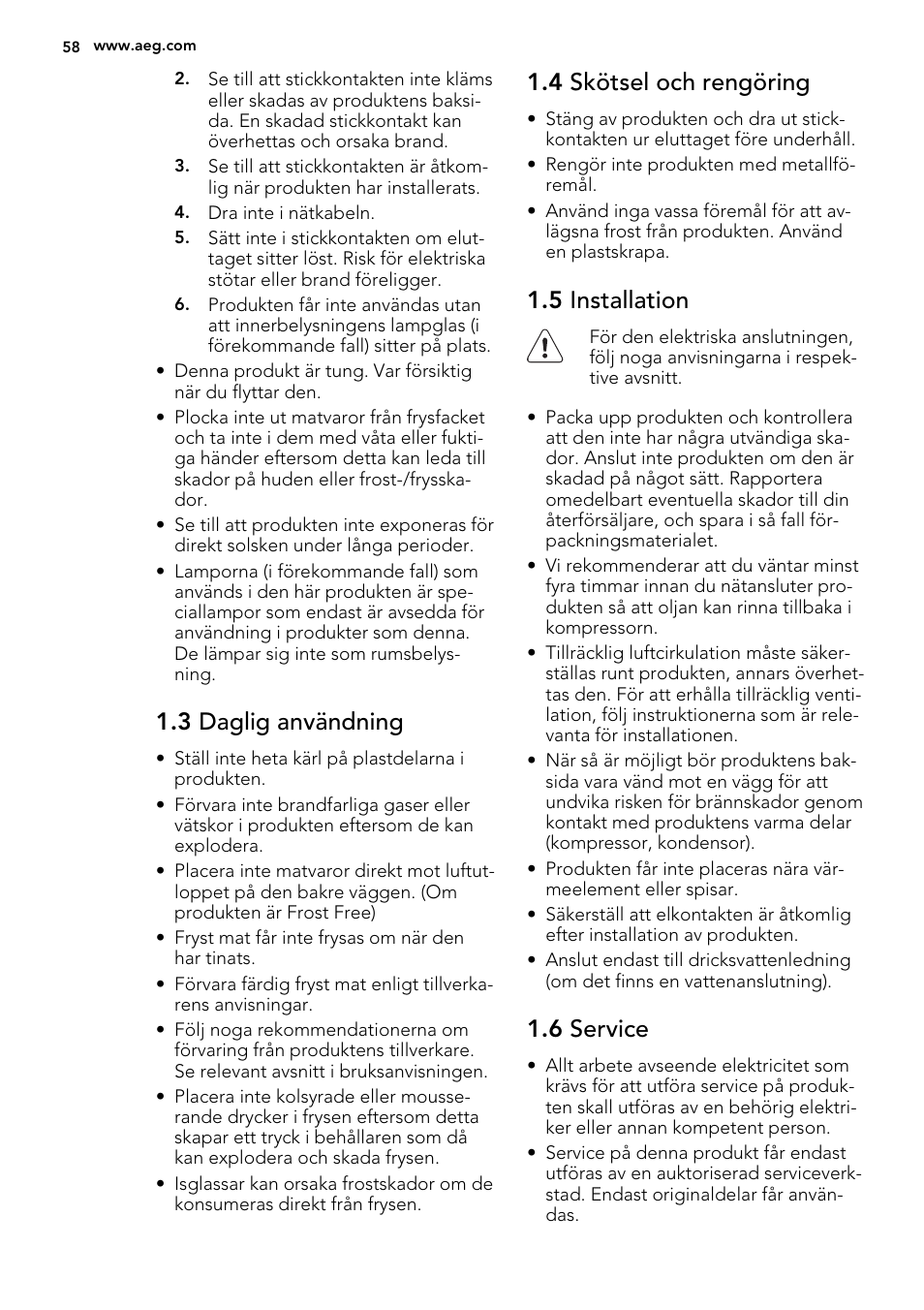 3 daglig användning, 4 skötsel och rengöring, 5 installation | 6 service | AEG SWD81800L1 User Manual | Page 58 / 72