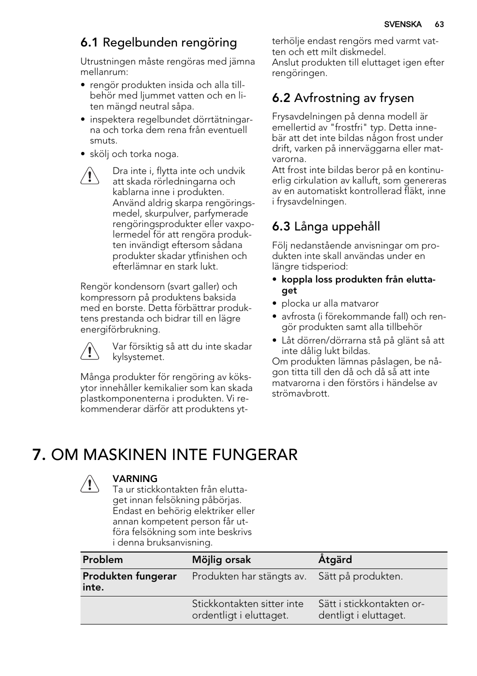 Om maskinen inte fungerar, 1 regelbunden rengöring, 2 avfrostning av frysen | 3 långa uppehåll | AEG SWD81800L1 User Manual | Page 63 / 72