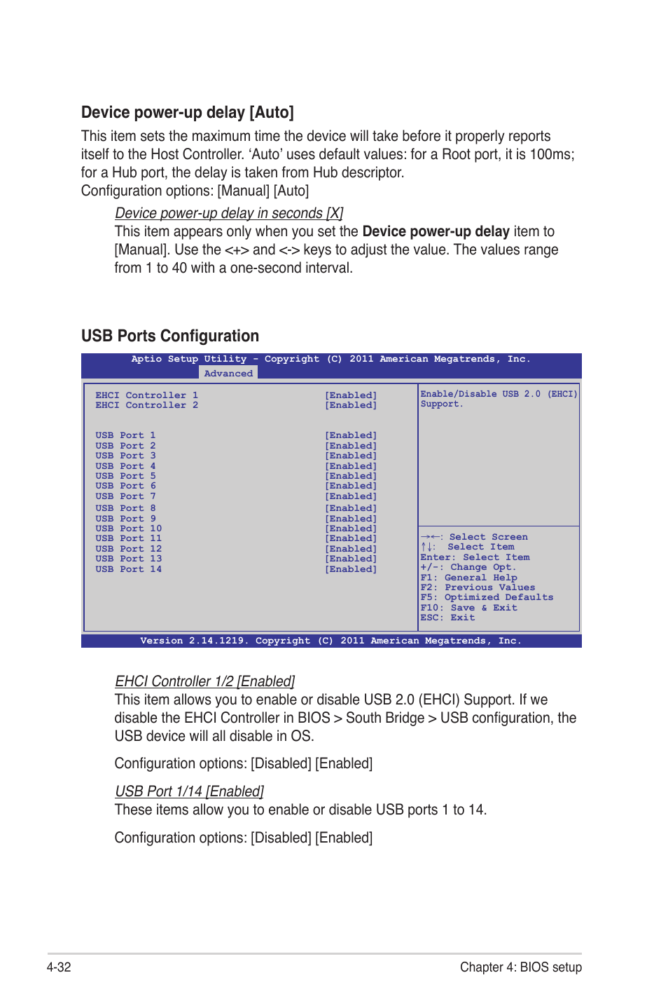 Device power-up delay [auto, Usb ports configuration, 32 chapter 4: bios setup | Asus Z9PE-D8 WS User Manual | Page 100 / 226