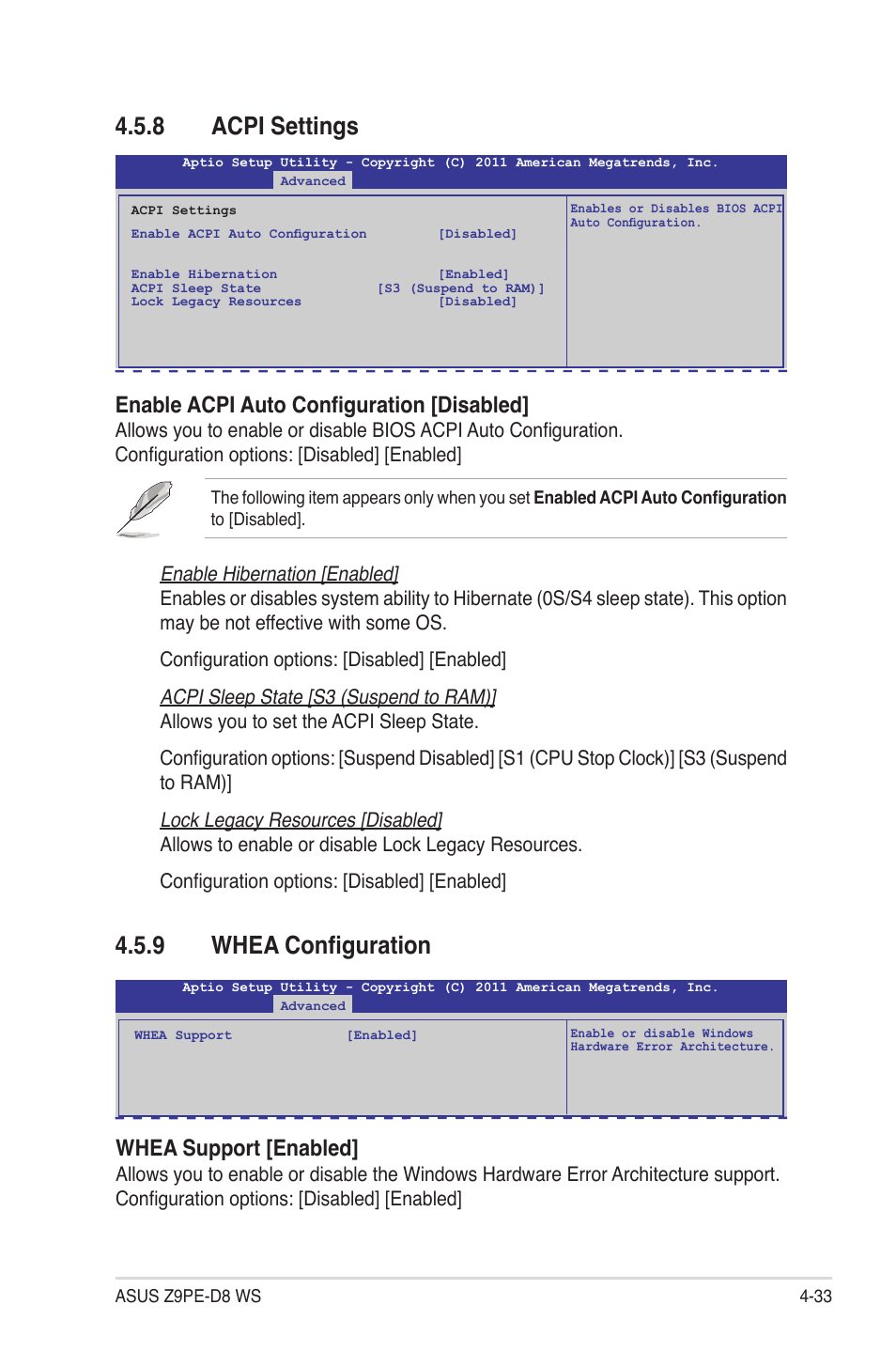 8 acpi settings, 9 whea configuration, Acpi settings -33 | Whea configuration -33, Whea support [enabled, Enable acpi auto configuration [disabled | Asus Z9PE-D8 WS User Manual | Page 101 / 226
