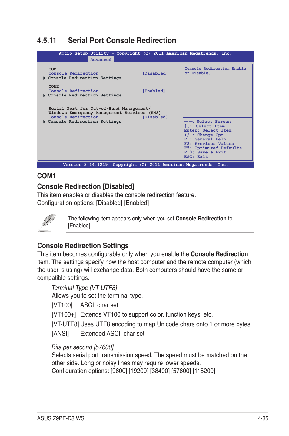 11 serial port console redirection, 11 serial port console redirection -35, Console redirection settings | Com1 console redirection [disabled | Asus Z9PE-D8 WS User Manual | Page 103 / 226