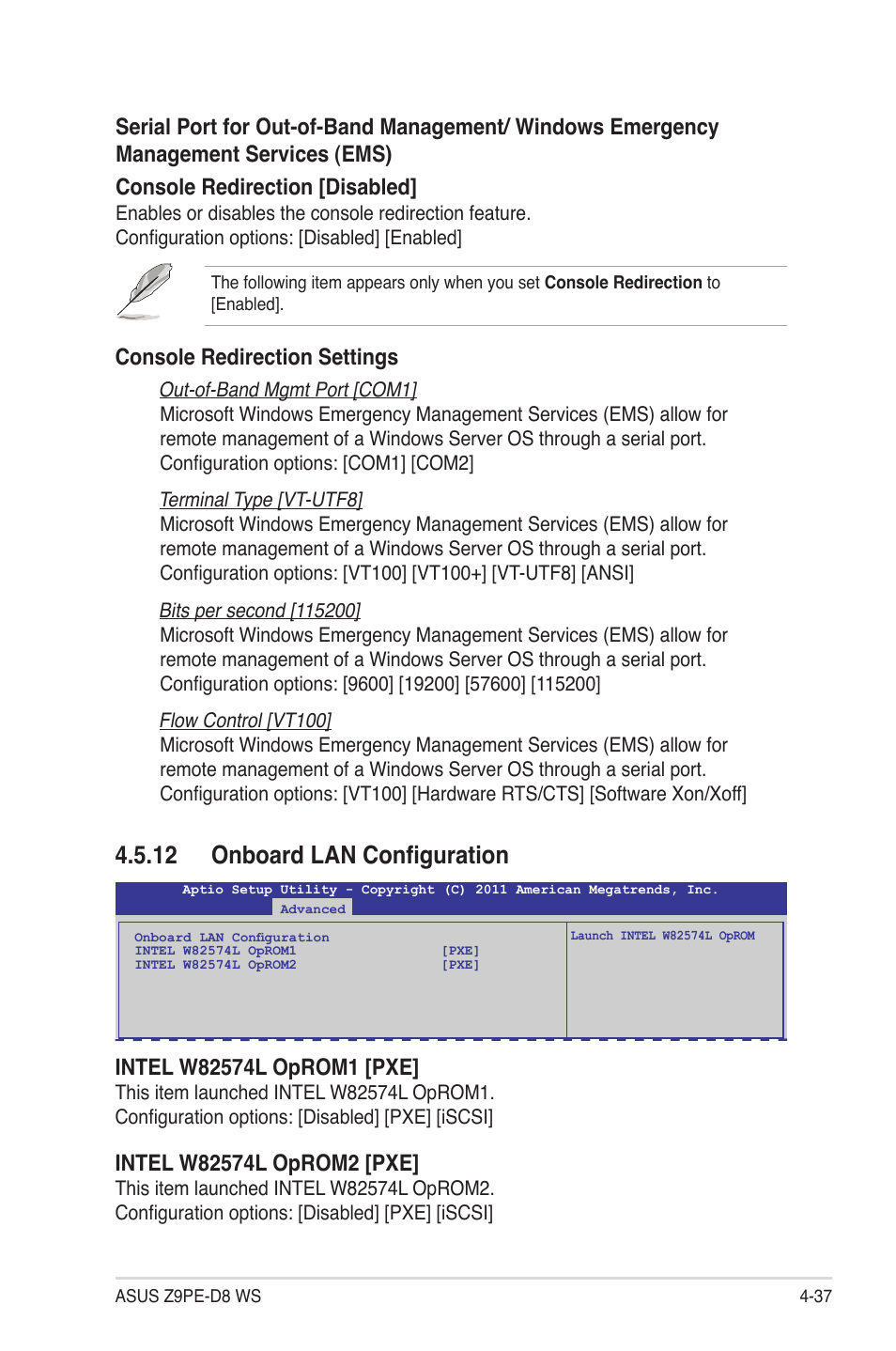 12 onboard lan configuration, 12 onboard lan configuration -37, Console redirection settings | Asus Z9PE-D8 WS User Manual | Page 105 / 226