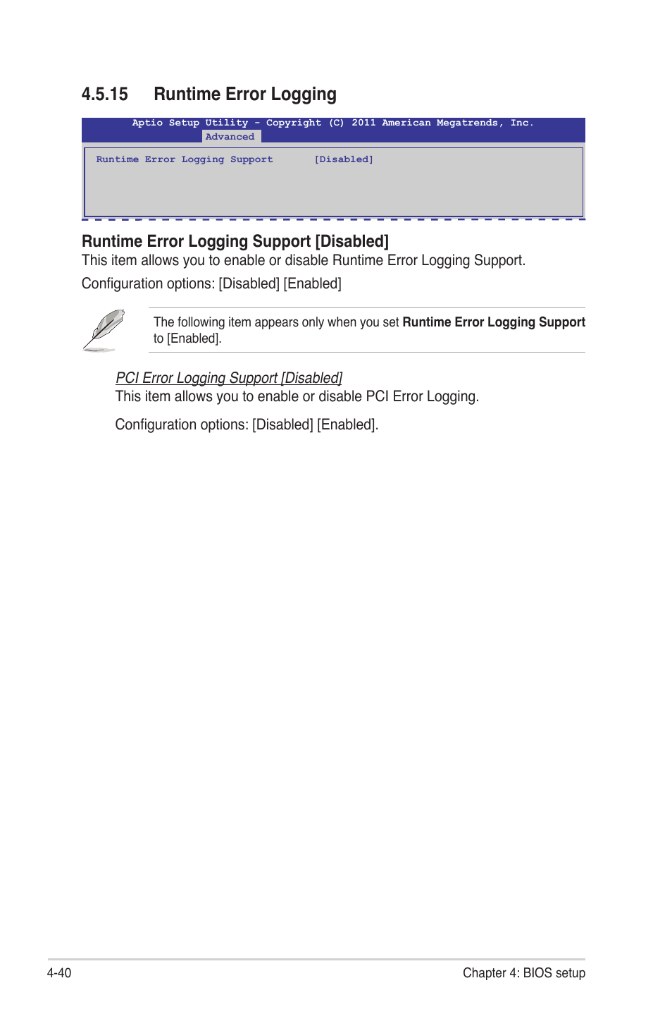 15 runtime error logging, 15 runtime error logging -40, Runtime error logging support [disabled | Asus Z9PE-D8 WS User Manual | Page 108 / 226