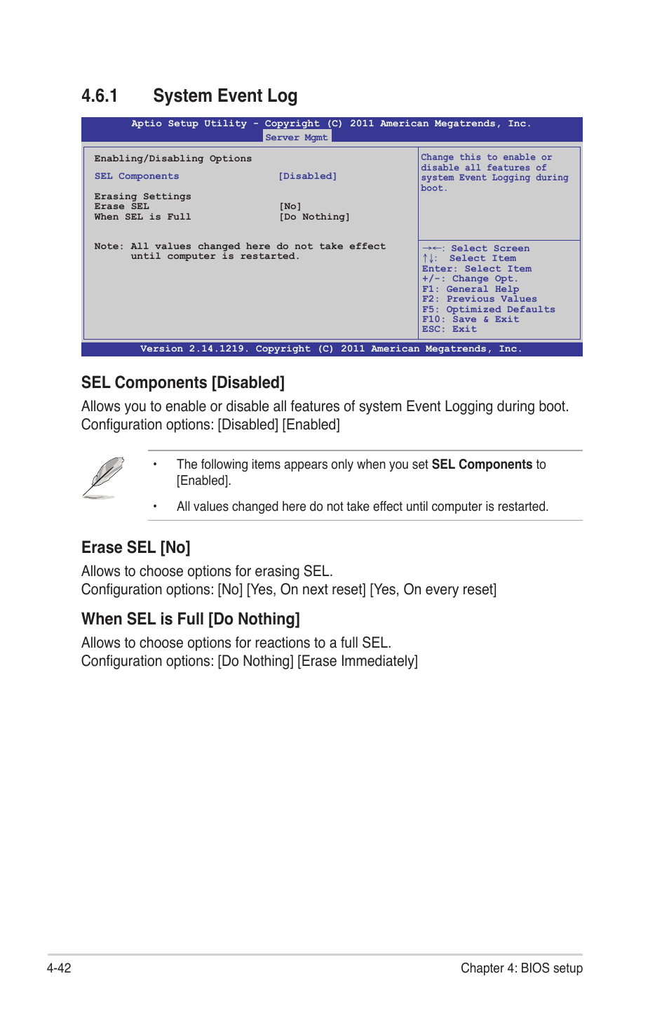 1 system event log, System event log -42, Sel components [disabled | Erase sel [no, When sel is full [do nothing | Asus Z9PE-D8 WS User Manual | Page 110 / 226