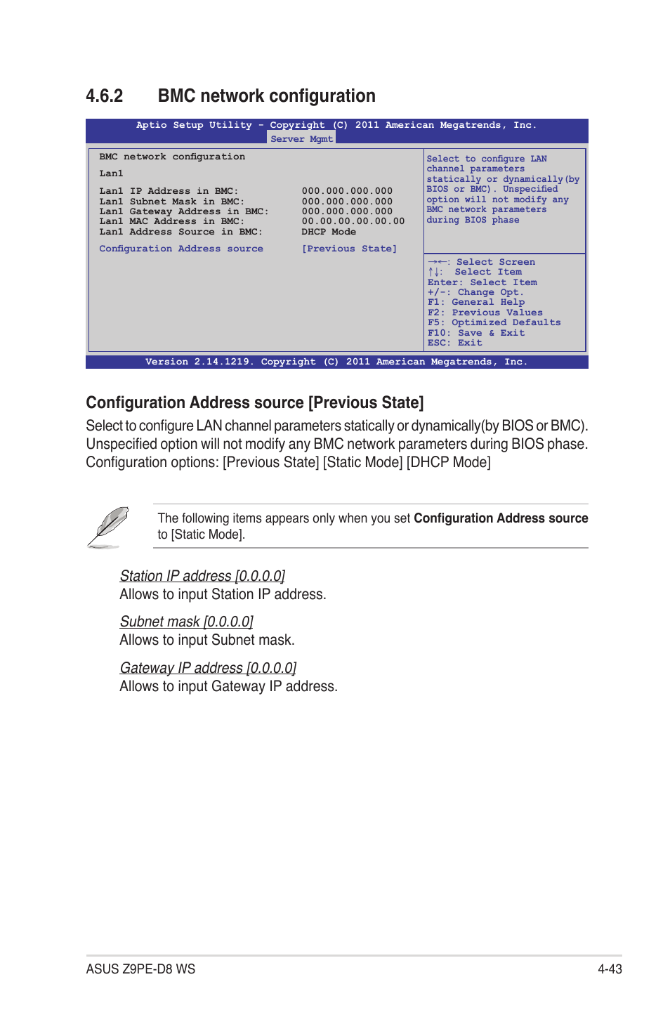 2 bmc network configuration, Bmc network configuration -43, Configuration address source [previous state | Asus Z9PE-D8 WS User Manual | Page 111 / 226