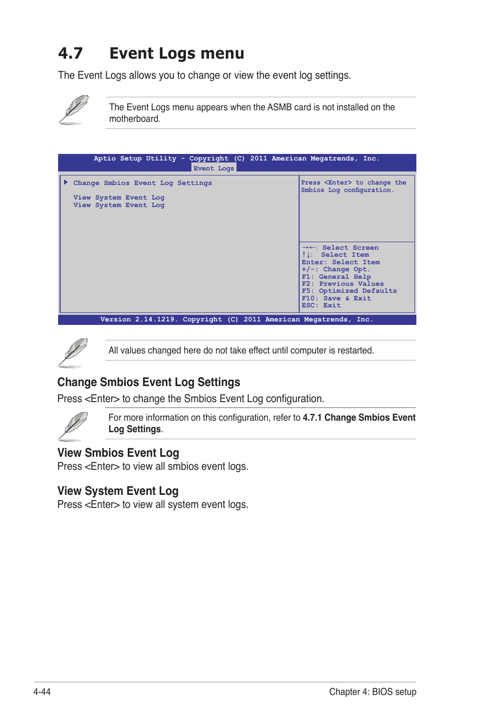 7 event logs menu, Event logs menu -44, Change smbios event log settings | View smbios event log, View system event log, Press <enter> to view all smbios event logs, Press <enter> to view all system event logs | Asus Z9PE-D8 WS User Manual | Page 112 / 226