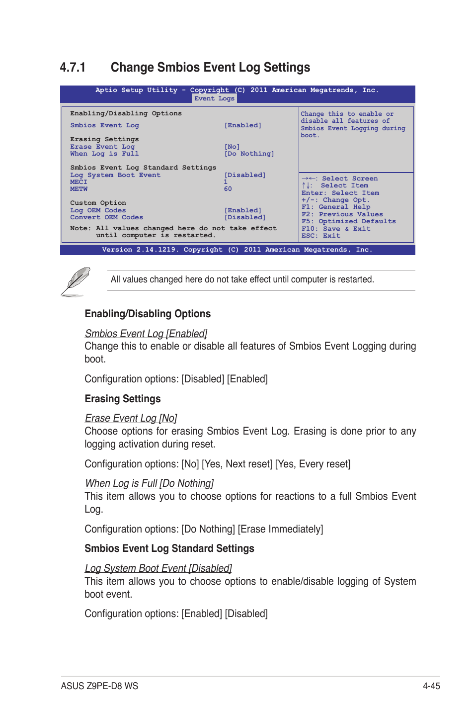 1 change smbios event log settings, Change smbios event log settings -45 | Asus Z9PE-D8 WS User Manual | Page 113 / 226