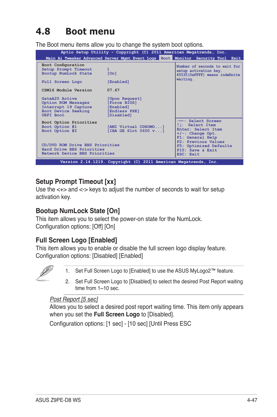 8 boot menu, Boot menu -47, Setup prompt timeout [xx | Bootup numlock state [on, Full screen logo [enabled | Asus Z9PE-D8 WS User Manual | Page 115 / 226