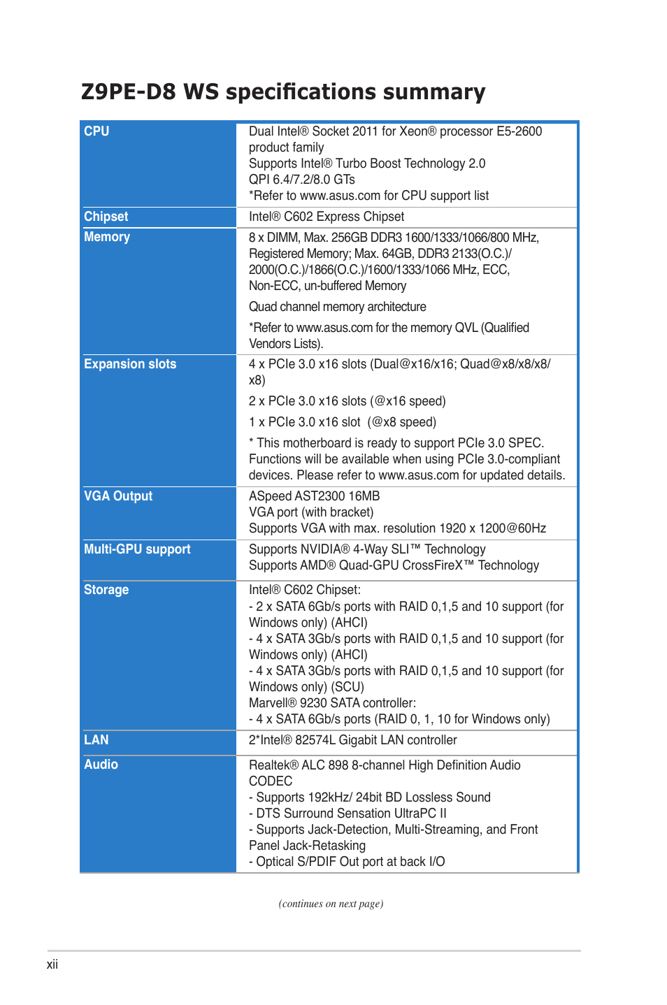 Z9pe-d8 ws specifications summary | Asus Z9PE-D8 WS User Manual | Page 12 / 226