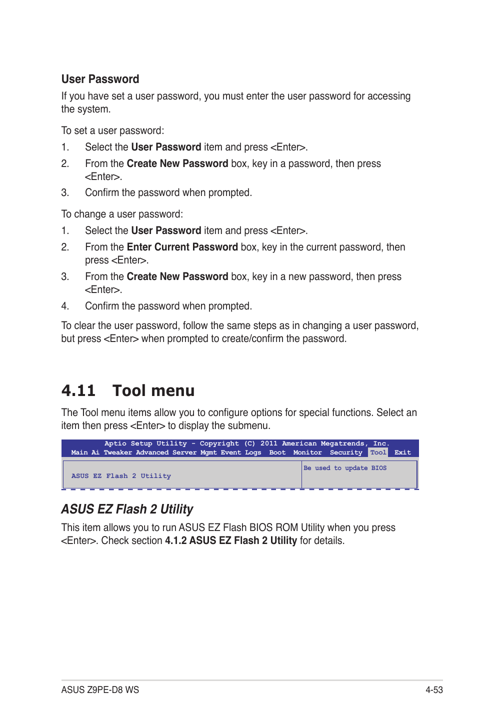 11 tool menu, 11 tool menu -53, Asus ez flash 2 utility | User password | Asus Z9PE-D8 WS User Manual | Page 121 / 226