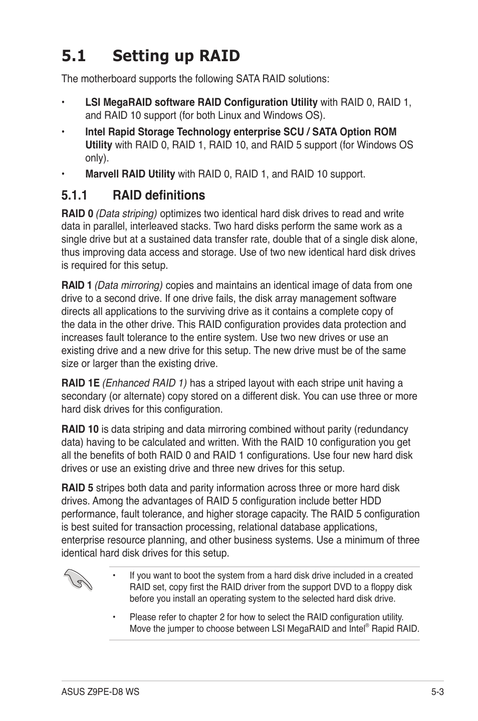 1 setting up raid, 1 raid definitions, Setting up raid -3 5.1.1 | Raid definitions -3, Setting up raid -3 | Asus Z9PE-D8 WS User Manual | Page 125 / 226