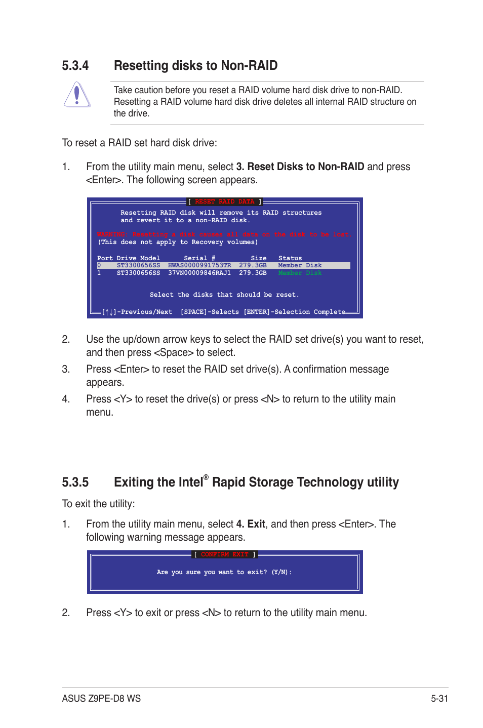 4 resetting disks to non-raid, Resetting disks to non-raid -31, Exiting the intel | Rapid storage technology utility -31, 5 exiting the intel, Rapid storage technology utility | Asus Z9PE-D8 WS User Manual | Page 153 / 226