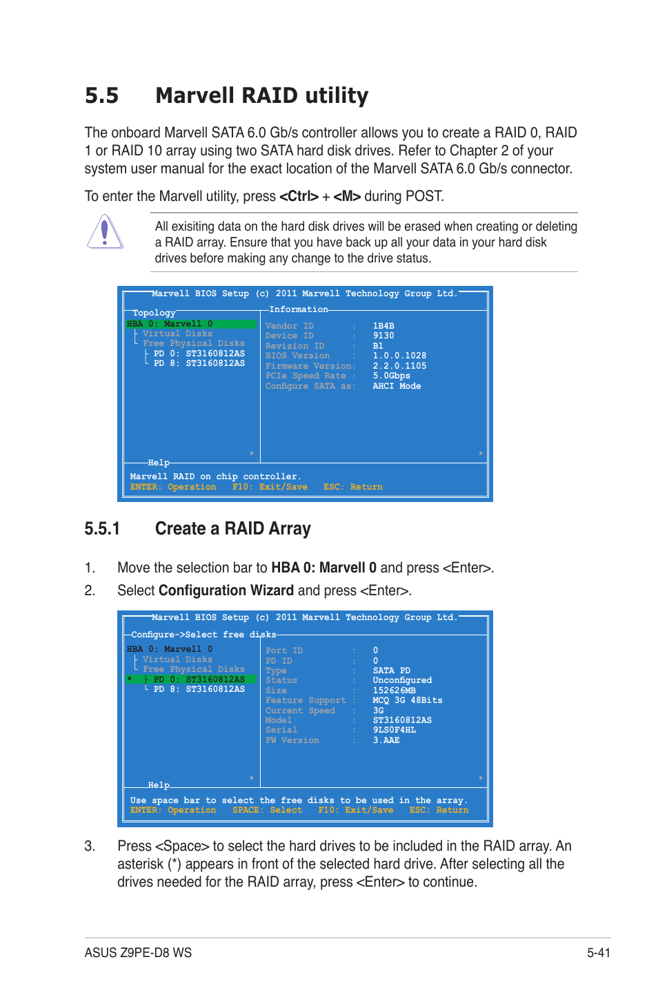 5 marvell raid utility, 1 create a raid array, Marvell raid utility -41 5.5.1 | Create a raid array -41, Marvell raid utility -41 | Asus Z9PE-D8 WS User Manual | Page 163 / 226