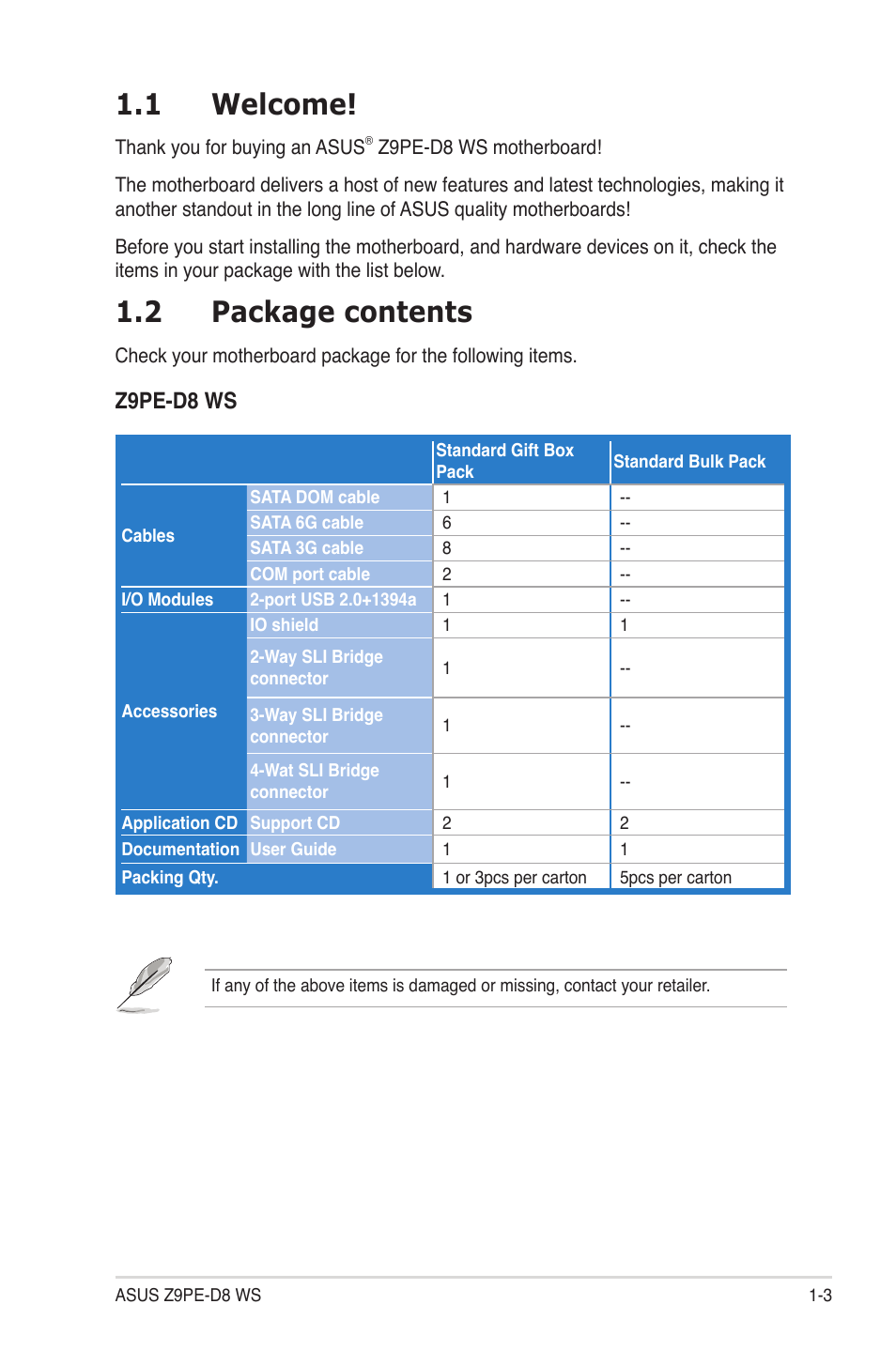 1 welcome, 2 package contents, Welcome! -3 | Package contents -3, Z9pe-d8 ws | Asus Z9PE-D8 WS User Manual | Page 17 / 226