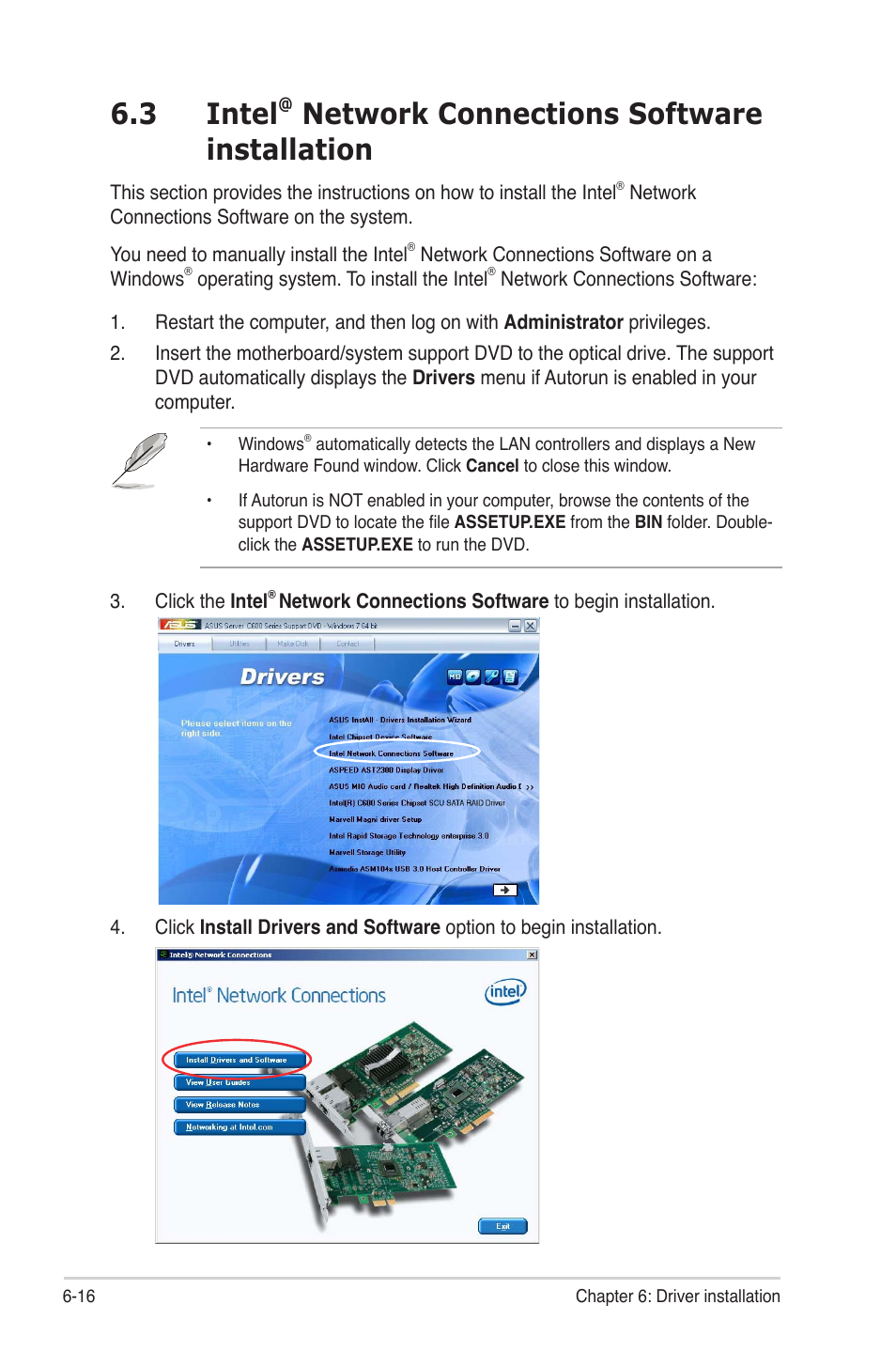 Intel, Network connections software installation -16, 3 intel | Network connections software installation | Asus Z9PE-D8 WS User Manual | Page 182 / 226