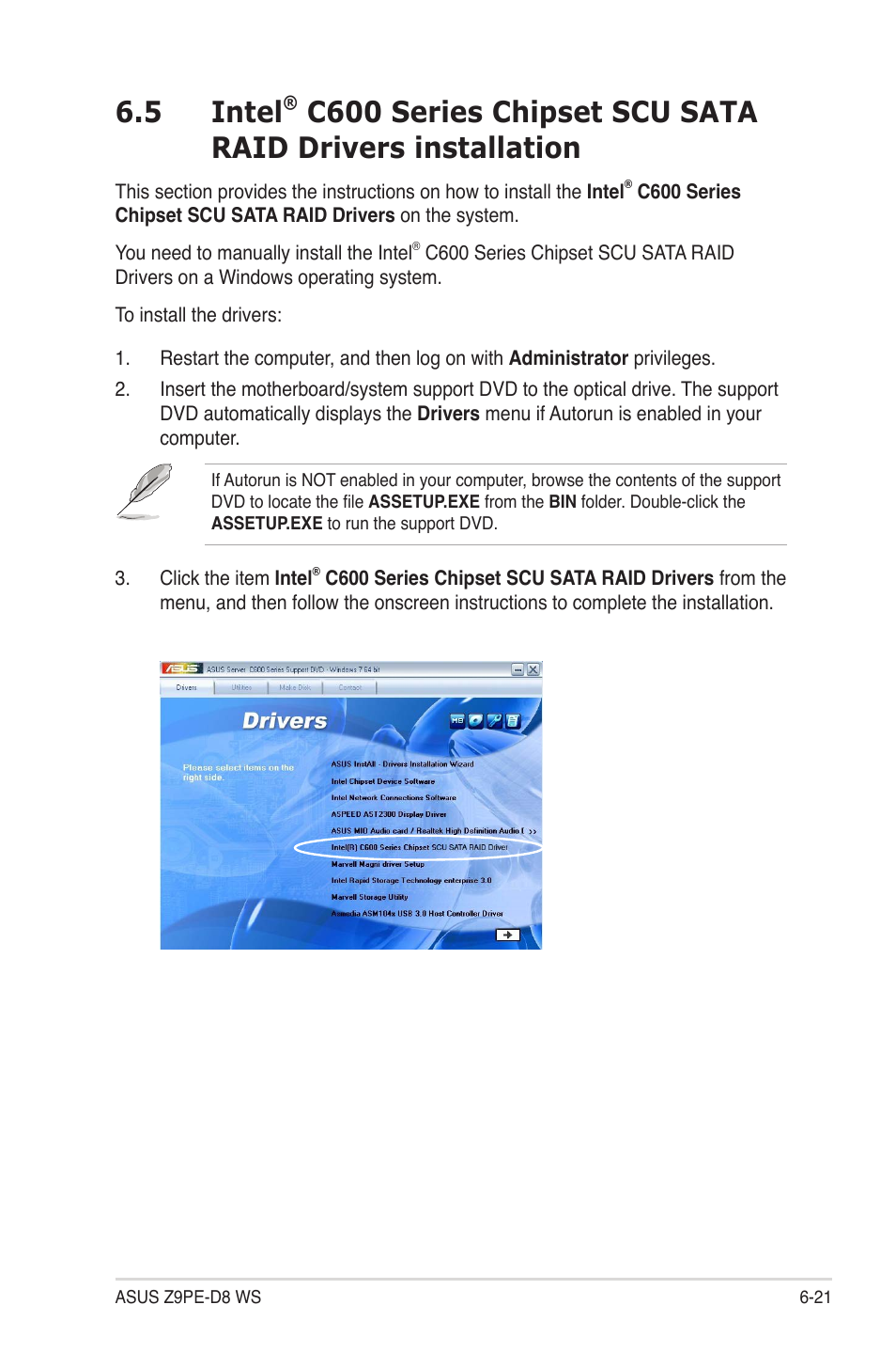 Intel, C600 series chipset scu sata raid drivers, Installation -21 | 5 intel | Asus Z9PE-D8 WS User Manual | Page 187 / 226