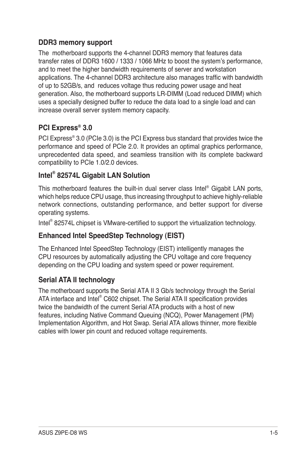 Pci express, Intel, Enhanced intel speedstep technology (eist) | Serial ata ii technology | Asus Z9PE-D8 WS User Manual | Page 19 / 226