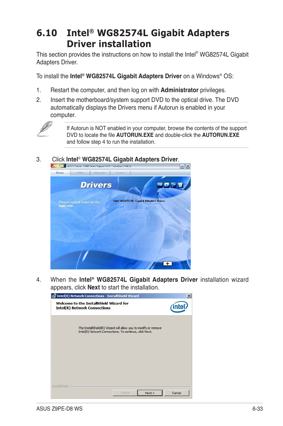 10 intel, Wg82574l gigabit adapters driver installation -33 | Asus Z9PE-D8 WS User Manual | Page 199 / 226