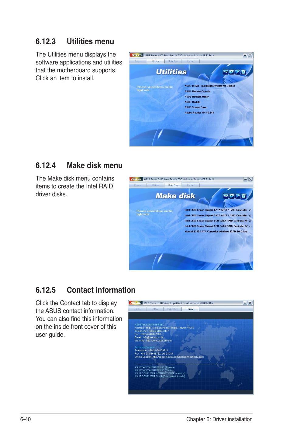 3 utilities menu, 4 make disk menu, 5 contact information | Asus Z9PE-D8 WS User Manual | Page 206 / 226