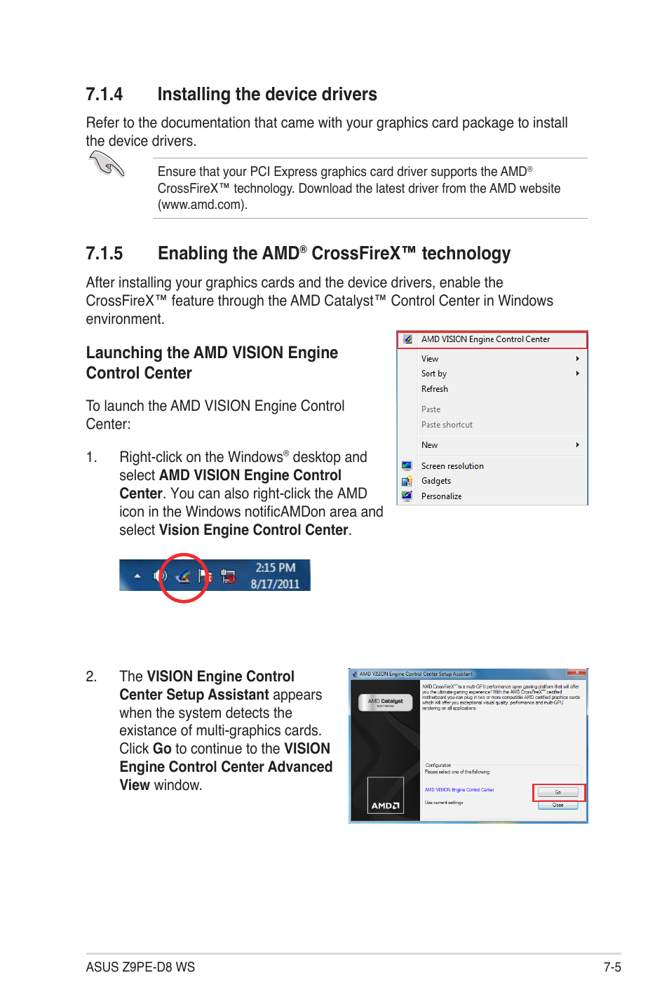 4 installing the device drivers, 5 enabling the amd® crossfirex™ technology, Installing the device drivers -5 | Enabling the amd, Crossfirex™ technology -5, 5 enabling the amd, Crossfirex™ technology | Asus Z9PE-D8 WS User Manual | Page 211 / 226