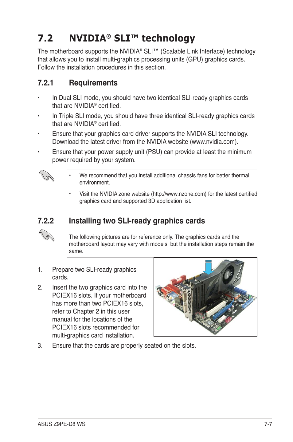 2 nvidia® sli™ technology, 1 requirements, 2 installing two sli-ready graphics cards | Nvidia, Sli™ technology -7, Requirements -7, Installing two sli-ready graphics cards -7, 2 nvidia, Sli™ technology | Asus Z9PE-D8 WS User Manual | Page 213 / 226