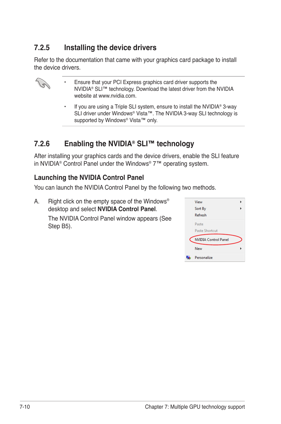 5 installing the device drivers, 6 enabling the nvidia® sli™ technology, Installing the device drivers -10 | Enabling the nvidia, Sli™ technology -10, 6 enabling the nvidia, Sli™ technology, Launching the nvidia control panel | Asus Z9PE-D8 WS User Manual | Page 216 / 226