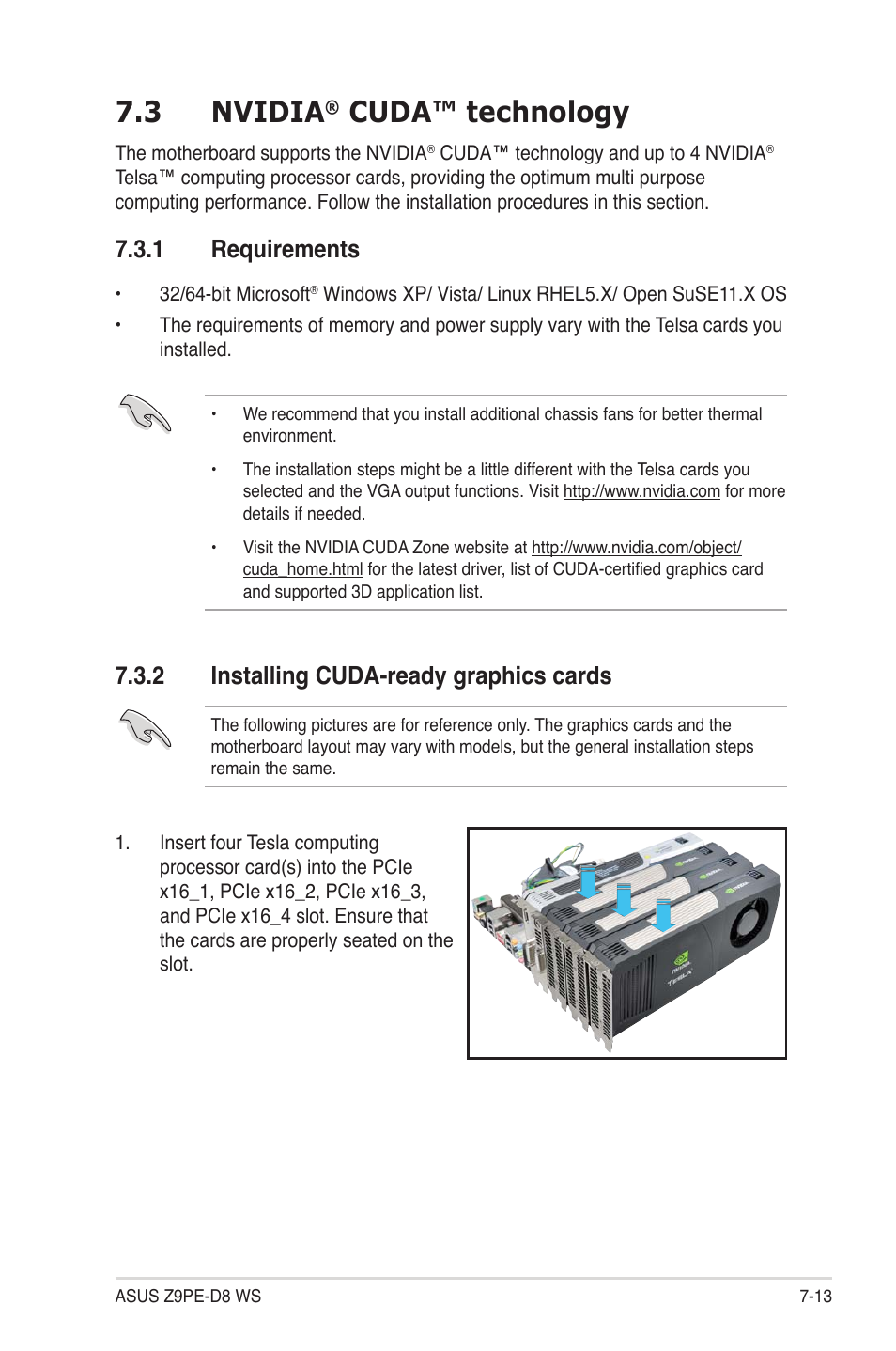 3 nvidia® cuda™ technology, 1 requirements, 2 installing cuda-ready graphics cards | Nvidia, Cuda™ technology -13, Requirements -13, Installing cuda-ready graphics cards -13, 3 nvidia, Cuda™ technology | Asus Z9PE-D8 WS User Manual | Page 219 / 226