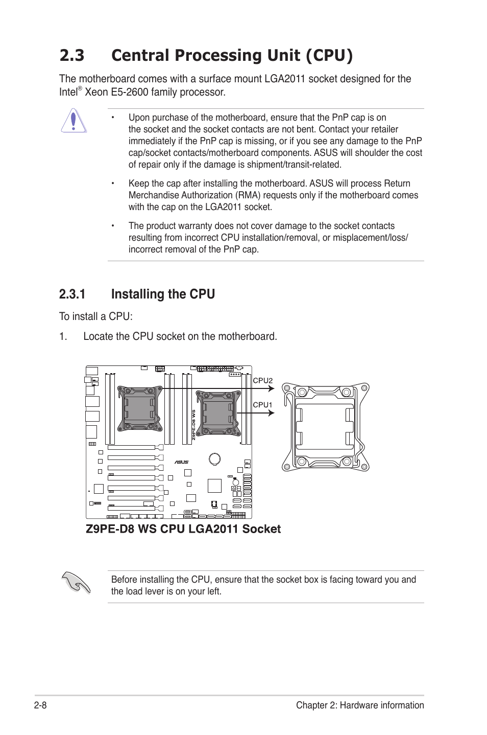 3 central processing unit (cpu), 1 installing the cpu, Central processing unit (cpu) -8 2.3.1 | Installing the cpu -8, Central processing unit (cpu) -8 | Asus Z9PE-D8 WS User Manual | Page 30 / 226