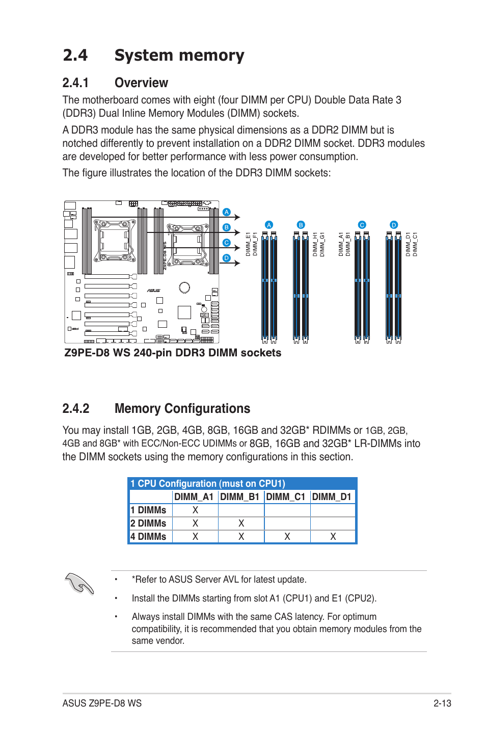 4 system memory, 1 overview, 2 memory configurations | System memory -13 2.4.1, Overview -13, Memory configurations -13, System memory -13 | Asus Z9PE-D8 WS User Manual | Page 35 / 226