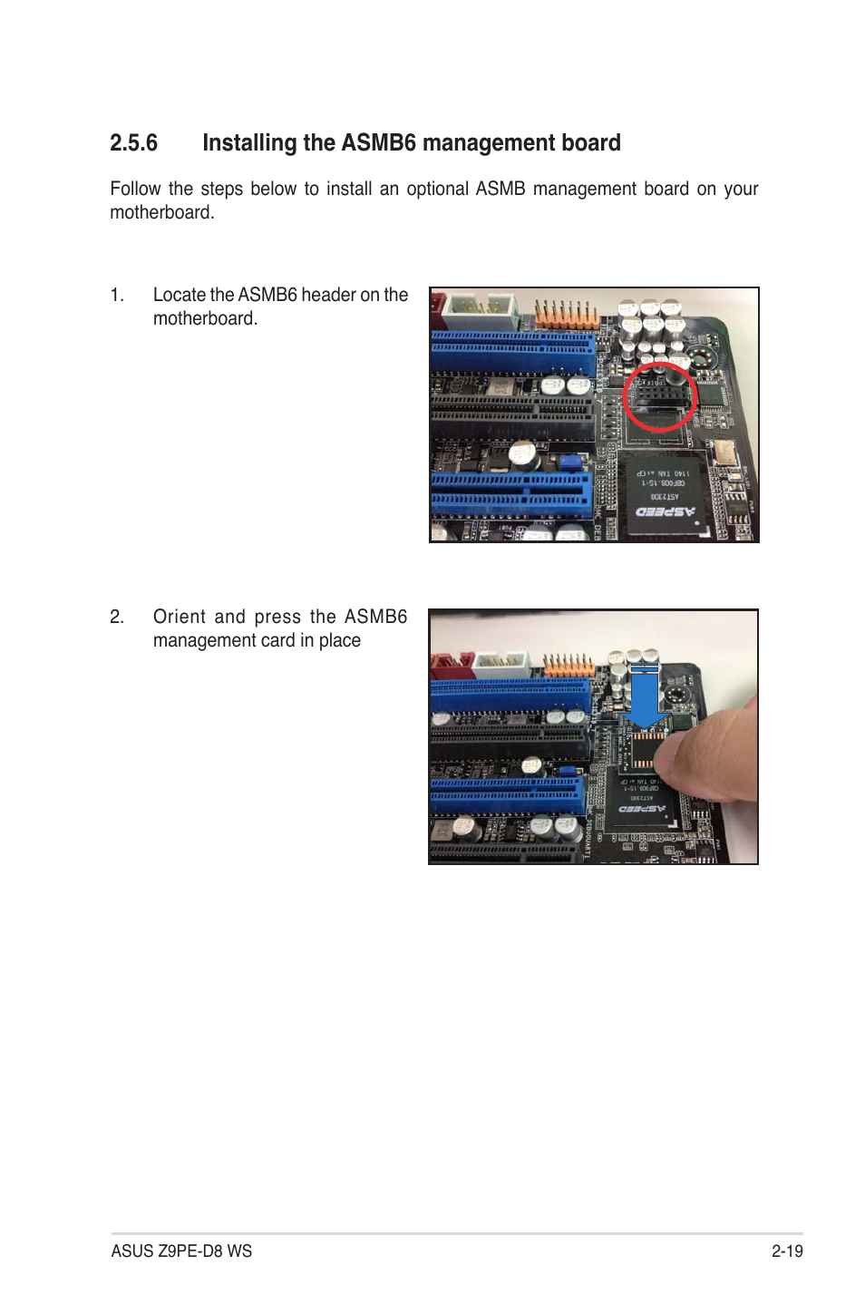 6 installing the asmb6 management board, Installing the asmb6 management board -19 | Asus Z9PE-D8 WS User Manual | Page 41 / 226