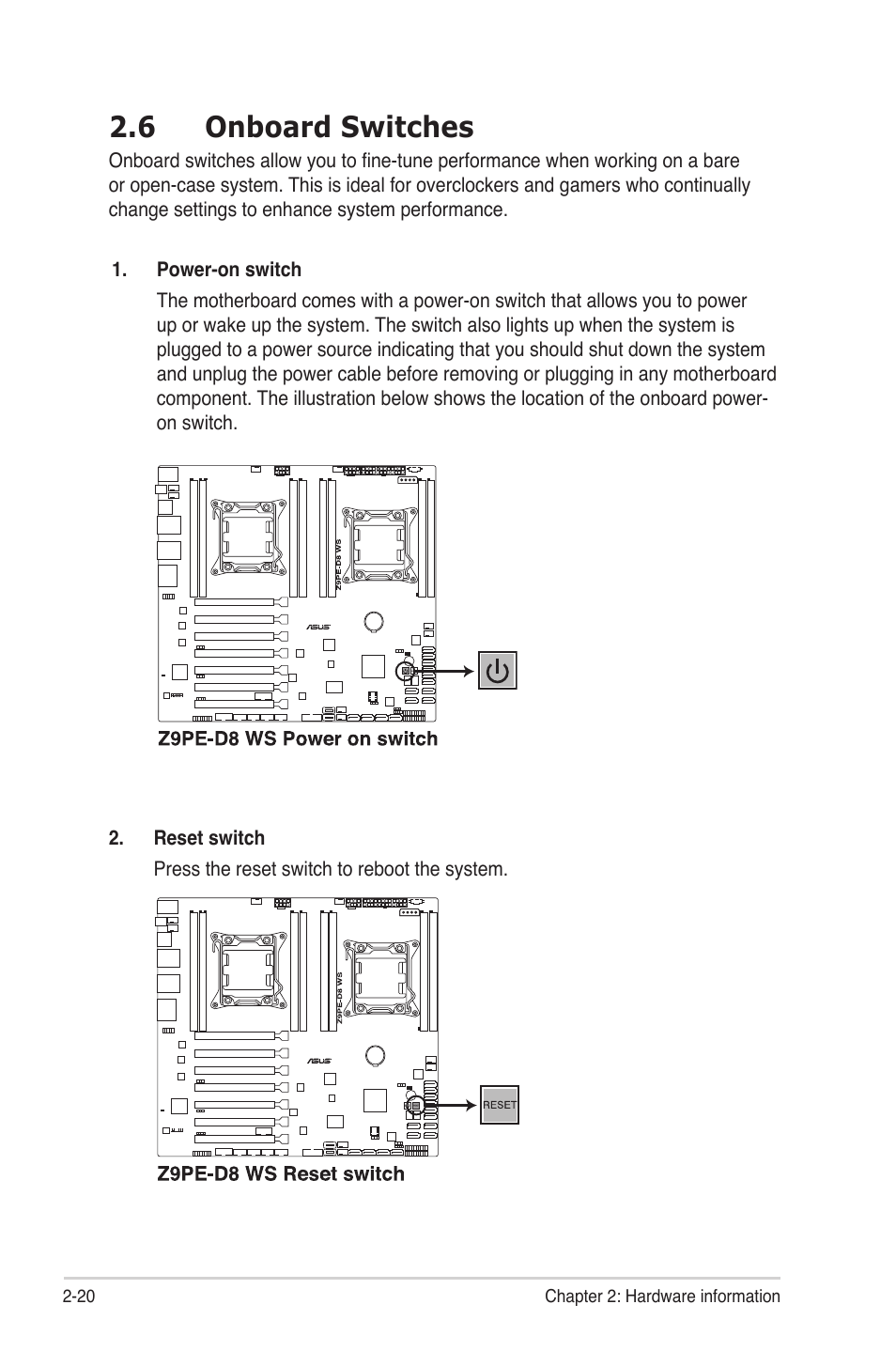 6 onboard switches, Onboard switches -20 | Asus Z9PE-D8 WS User Manual | Page 42 / 226