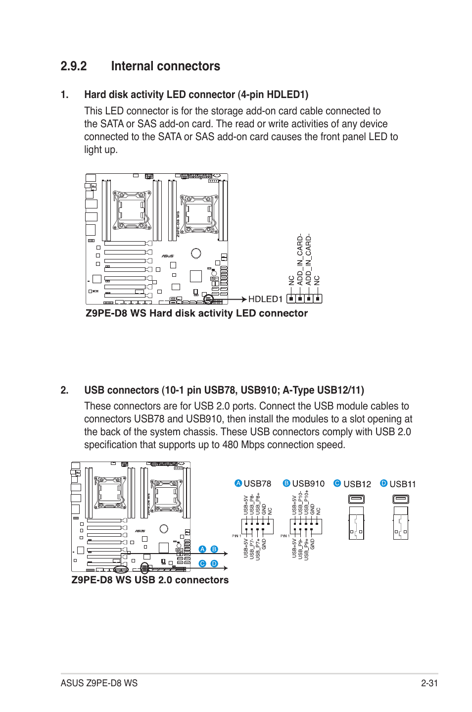 2 internal connectors, Internal connectors -31 | Asus Z9PE-D8 WS User Manual | Page 53 / 226