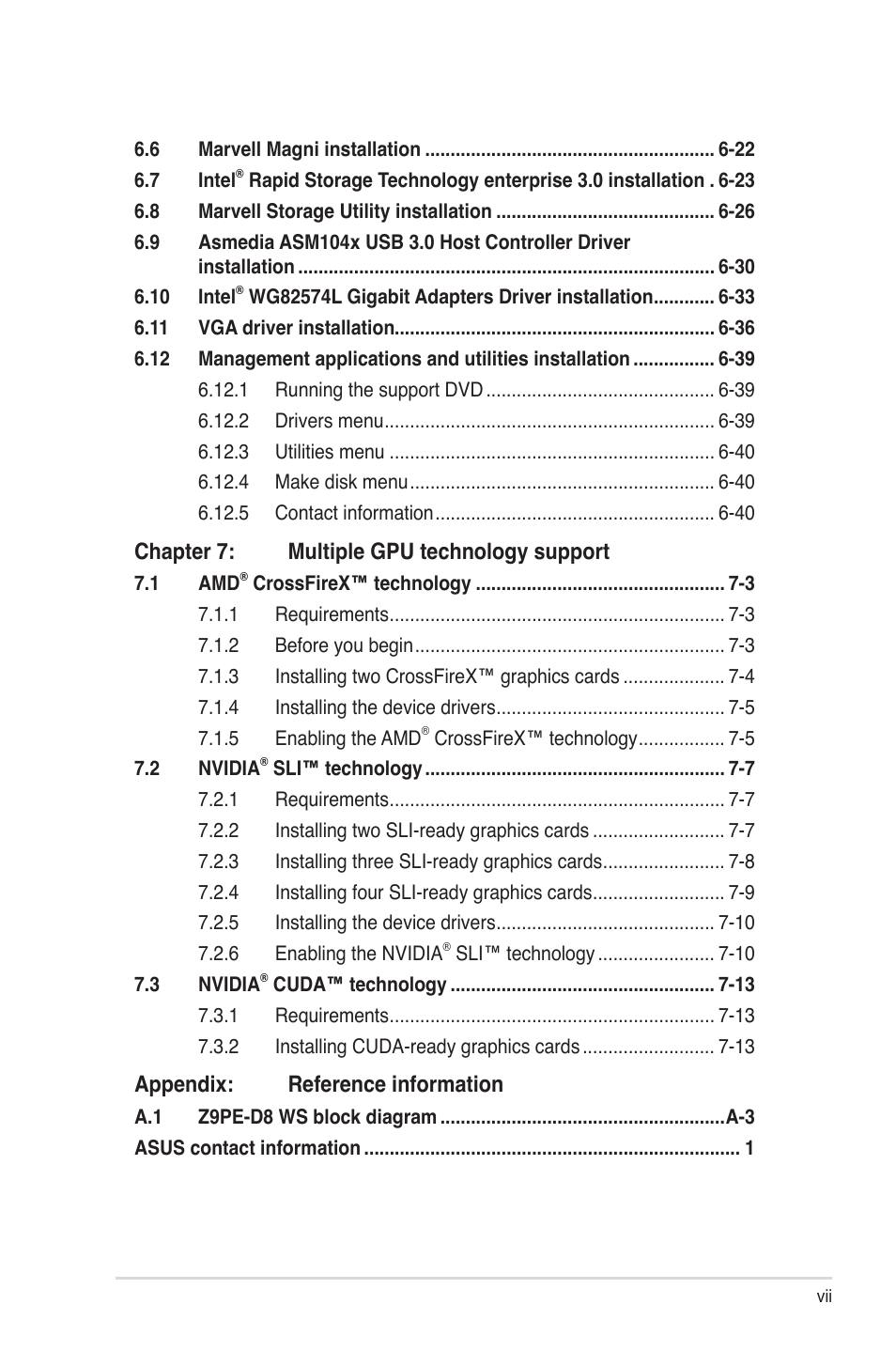 Chapter 7: multiple gpu technology support, Appendix: reference information | Asus Z9PE-D8 WS User Manual | Page 7 / 226