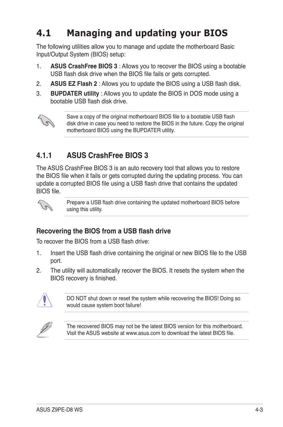 1 managing and updating your bios, 1 asus crashfree bios 3, Managing and updating your bios -3 4.1.1 | Asus crashfree bios 3 -3, Managing and updating your bios -3 | Asus Z9PE-D8 WS User Manual | Page 71 / 226