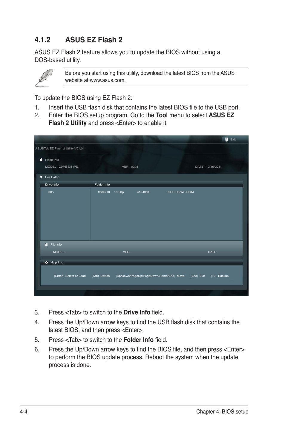 2 asus ez flash 2, Asus ez flash 2 -4, 4 chapter 4: bios setup | Asus Z9PE-D8 WS User Manual | Page 72 / 226