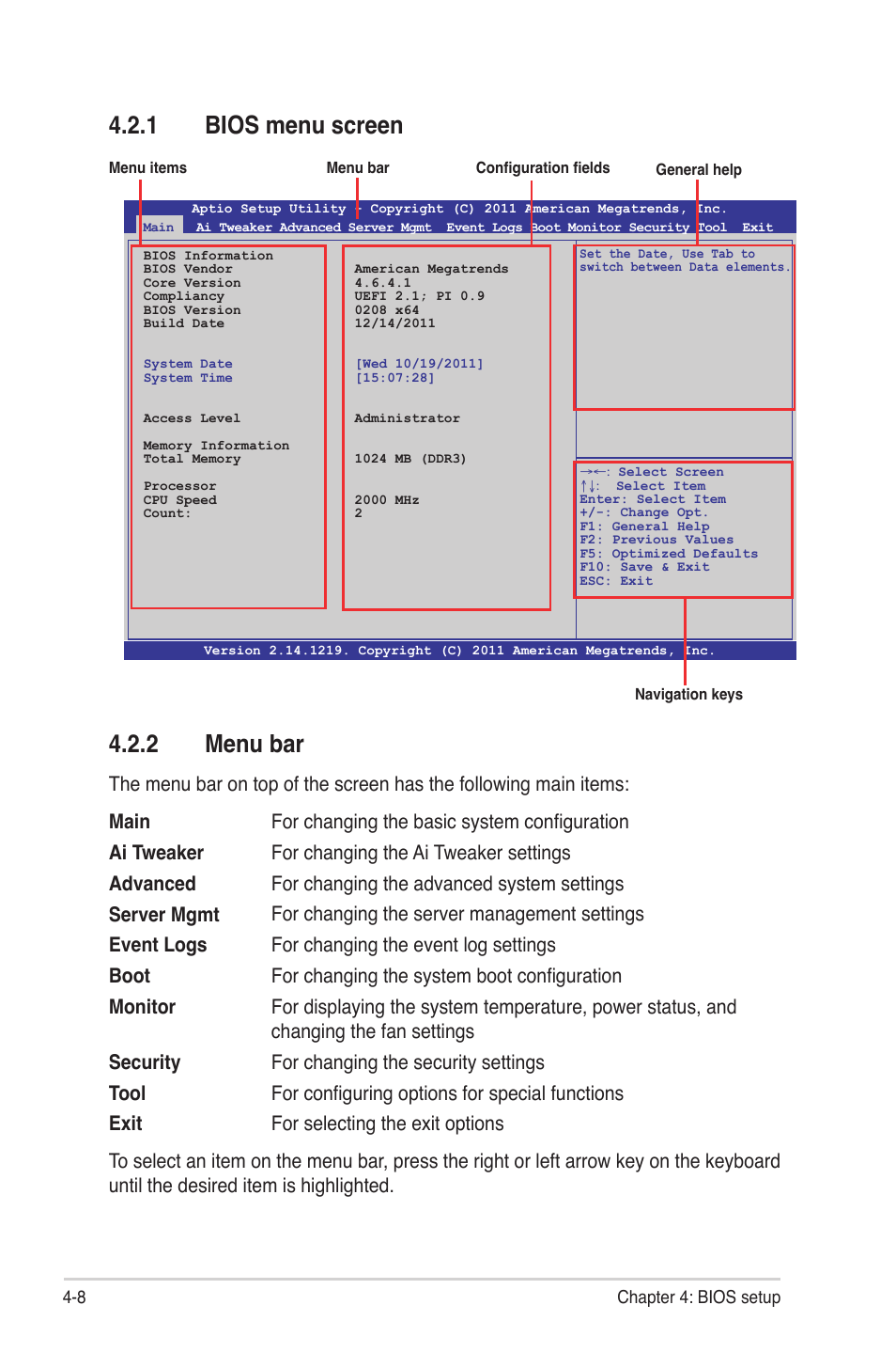 1 bios menu screen, 2 menu bar, Bios menu screen -8 | Menu bar -8 | Asus Z9PE-D8 WS User Manual | Page 76 / 226