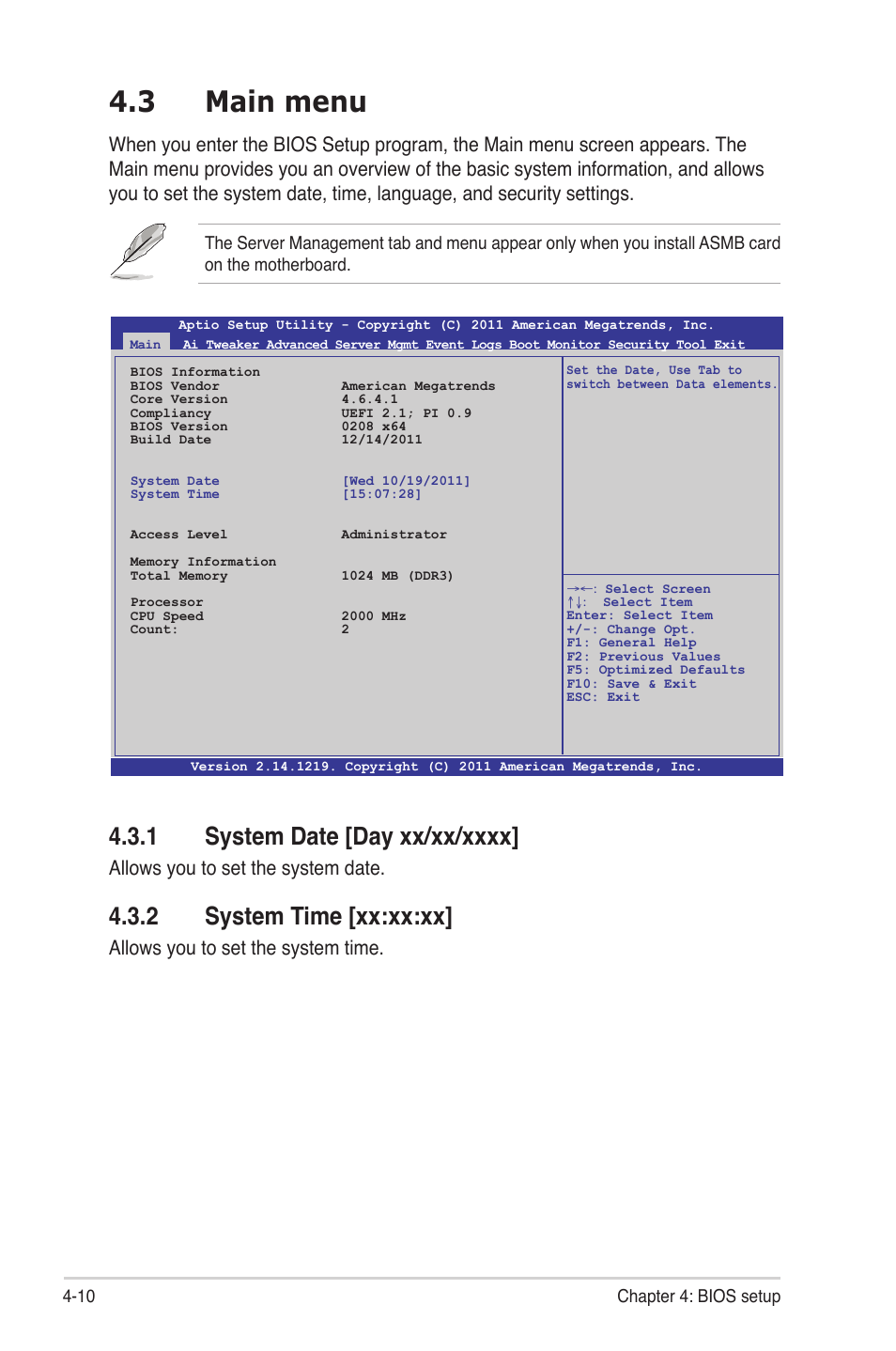 3 main menu, 1 system date [day xx/xx/xxxx, 2 system time [xx:xx:xx | Main menu -10 4.3.1, System date [day xx/xx/xxxx] -10, System time [xx:xx:xx] -10, Main menu -10, Allows you to set the system date, Allows you to set the system time | Asus Z9PE-D8 WS User Manual | Page 78 / 226