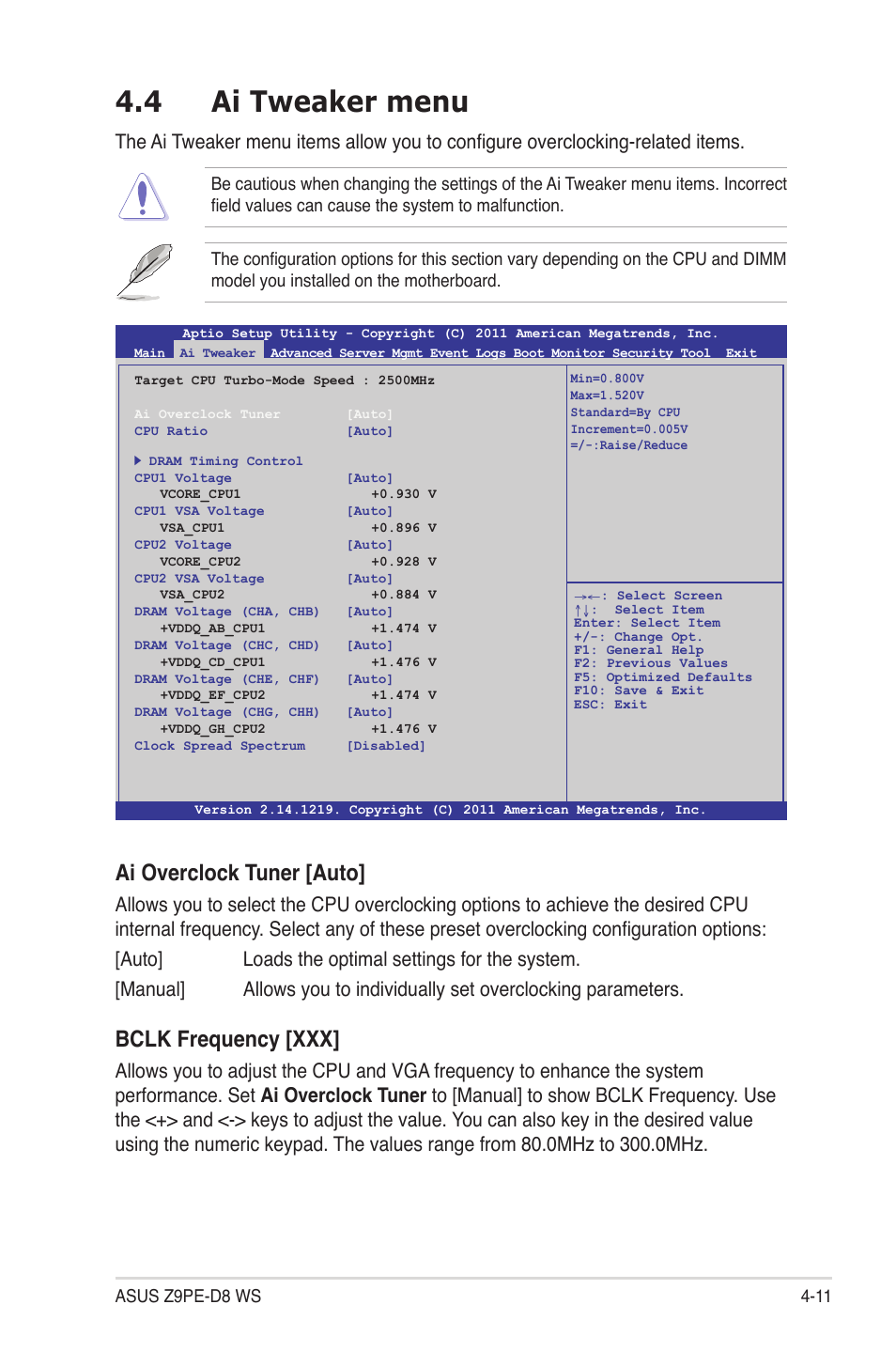 4 ai tweaker menu, Ai tweaker menu -11, Ai overclock tuner [auto | Bclk frequency [xxx | Asus Z9PE-D8 WS User Manual | Page 79 / 226