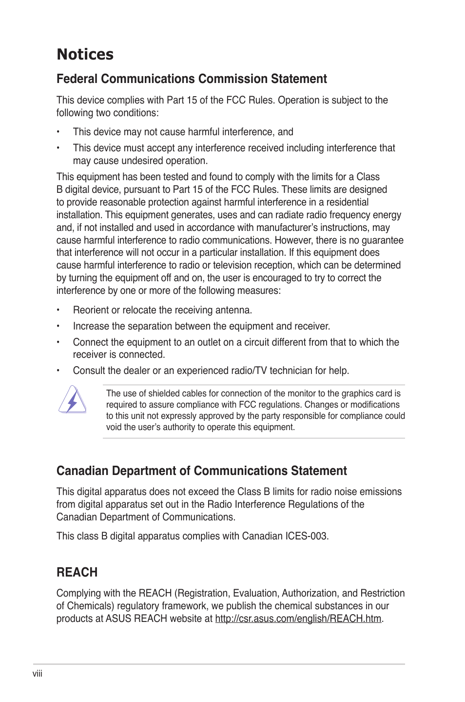 Notices, Federal communications commission statement, Canadian department of communications statement | Reach | Asus Z9PE-D8 WS User Manual | Page 8 / 226