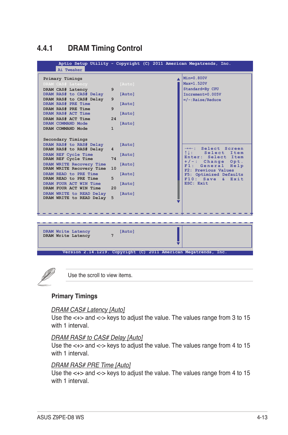 1 dram timing control, Dram timing control -13, Use the scroll to view items | Asus Z9PE-D8 WS User Manual | Page 81 / 226