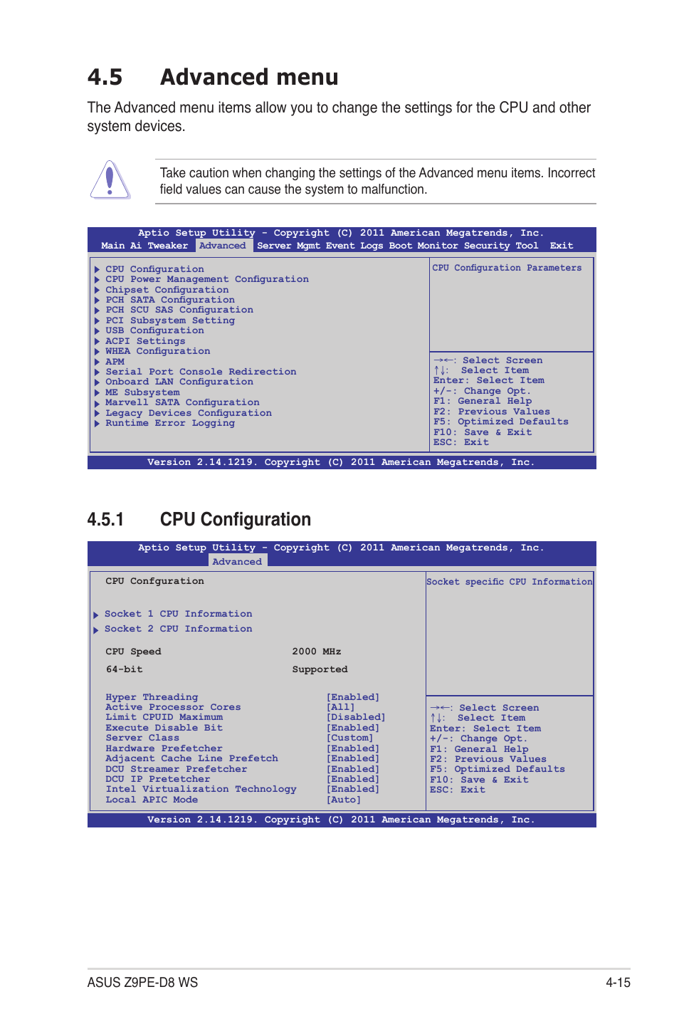 5 advanced menu, 1 cpu configuration, Advanced menu -15 4.5.1 | Cpu configuration -15, Advanced menu -15 | Asus Z9PE-D8 WS User Manual | Page 83 / 226