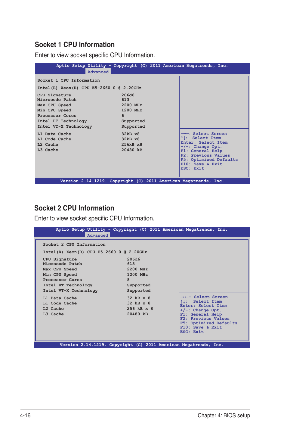 Socket 1 cpu information, Socket 2 cpu information, Enter to view socket specific cpu information | 16 chapter 4: bios setup | Asus Z9PE-D8 WS User Manual | Page 84 / 226